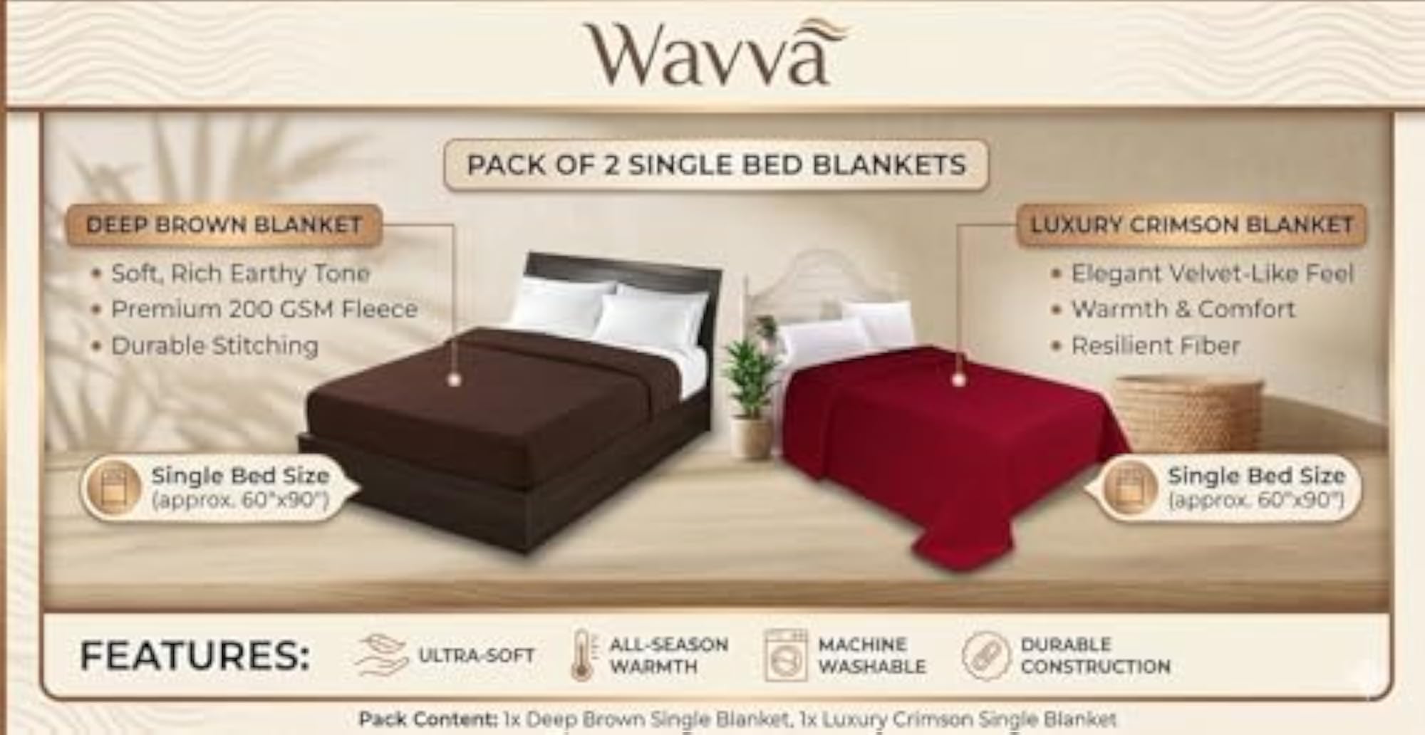 Set of 2 Brown and Red Fleece Blankets, Single Bed